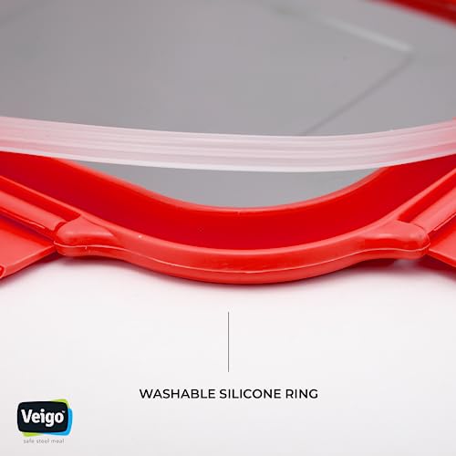 Image of Veigo Original Set Pack of 3 Stainless Steel Airtight & Leakproof Medium Lunch Box with Silicon Ring & Polymer Frame for Re-Heating|Safe Lid Lock|Square (330ML) Red