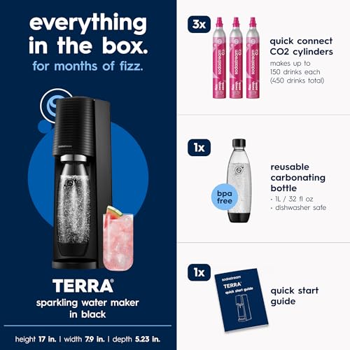 Image of SodaStream TERRA Sparkling Water Maker, CO2 Bundle, CQC CO2 System, Includes 3 Quick Connect 60L CO2 Cylinders, 1 Dishwasher Safe BPA Free Bottle, Make your own Pepsi, Black