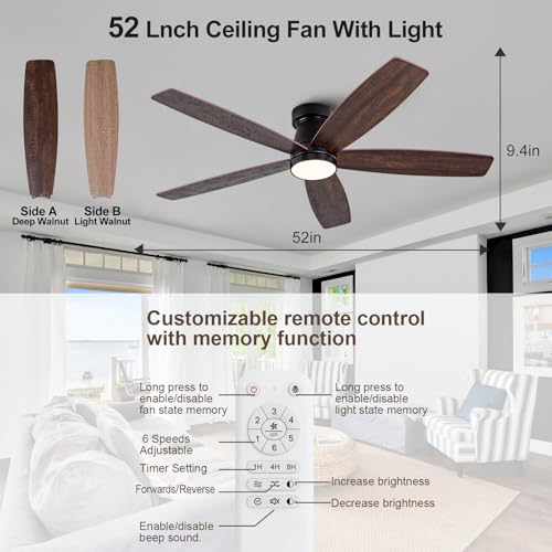 Image of 52 inch Black Flush Mount Ceiling Fans with Lights and Remote, Dimmable Black Bedroom Ceiling Fan with Lights, Walnut Low Profile Ceiling Fan with Light For Bedroom Outdoor, Reversible Quiet DC