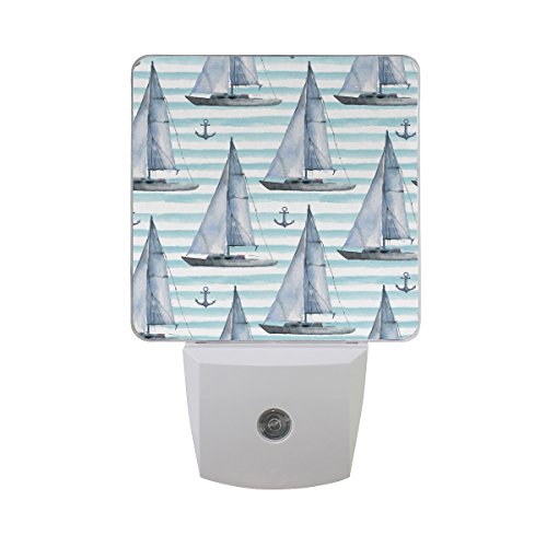 Naanle Set of 2 Nautical Theme Sailboat and Anchor On Blue Ocean Waves Sea Life Boat Summer Design Auto Sensor LED Dusk to Dawn Night Light Plug in Indoor for Adults