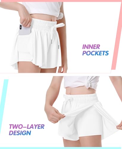 QooNoo Girls Butterfly Shorts with Pocket Flowy Athletic Shorts High Waist Preppy Running Shorts for Kids Teen2