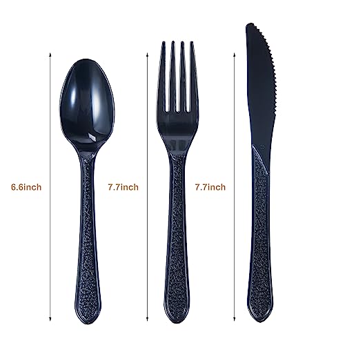 Image of FULING [300 Combo Box] Black Plastic Forks Spoons Knives Heavyweight Utensils Disposable Silverware Heavy Duty Cutlery Set