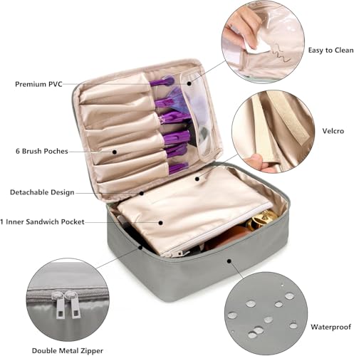 Image of WEMOL Small Travel Fashion Cosmetic Organizer Bag with Detachable Pouch, Super Soft Makeup Organiser Bag for Brushes, Toiletries, Cosmetics Items for Women (Grey)