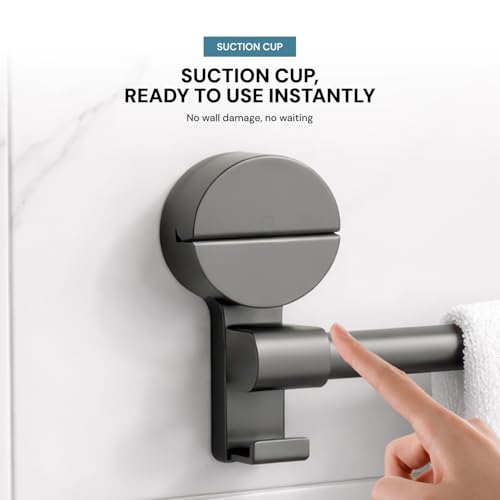 Image of Amazon Basics Suction Towel Holder for Bathroom - Rust - Free Powder Coated Wall Mounted Towel Rack No Drill Towel Rack Modern Bathroom Accessories Organizer Grey