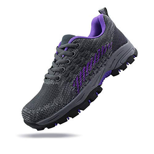 JABASIC Kids Outdoor Hiking Shoes Girls Boys Trail Running Sneakers Trekking Shoes (5,Grey/Purple)