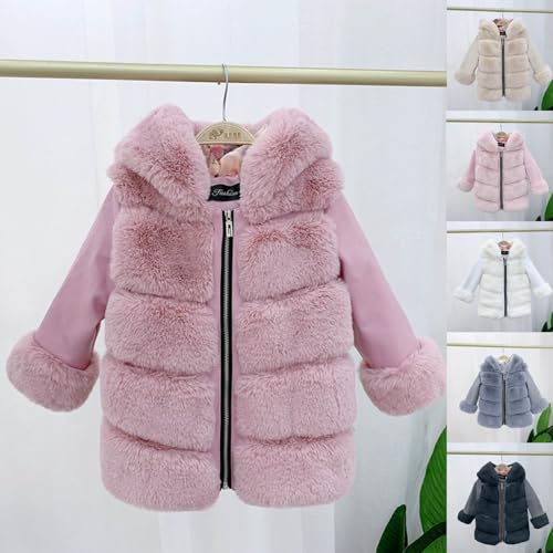 Girls Faux Fur Outerwear Coat Zip Up Cute Long Sleeve Toddler Warm Winter Fuffy Hooded Jacket for 2-11 Years2