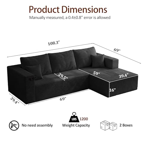 Image of 108 inch Modular Sectional Sofa, L-Shaped Cloud Couch with Deep Seats & Chaise, Convertible 4-in-1 Corduroy Boneless Couches for Living Room, Bedroom, No Need Assembly,Black(Right Facing Chaise)