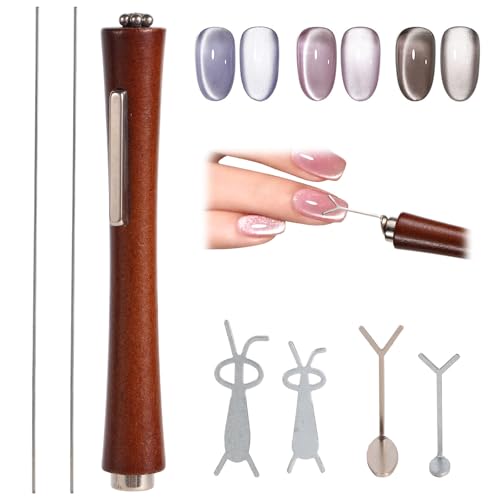 Cat Eye Nail Magnet Tool Set, Professional 3 in 1 Wooden Handle Nail Art Magnetic with Heart & Rabbit Shape Guides Metal Wire for Cateye Gel Polish Home DIY & Salon Use