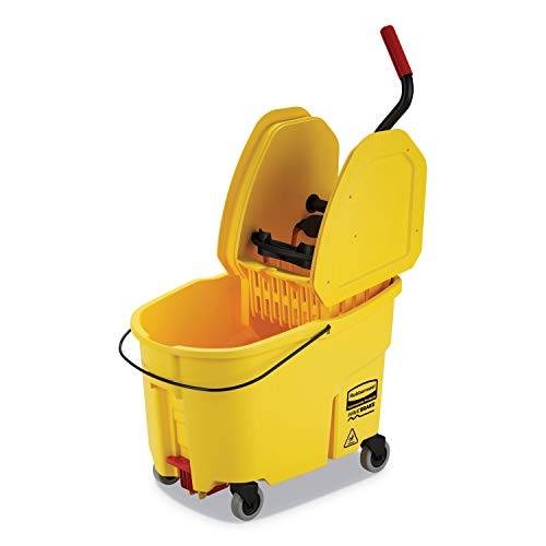 Image of Rubbermaid Commercial Products WaveBrake 44 QT Down-Press Mop Bucket and Wringer Combo on Wheels with Foot Drain Yellow for Heavy-Duty Floor Cleaning