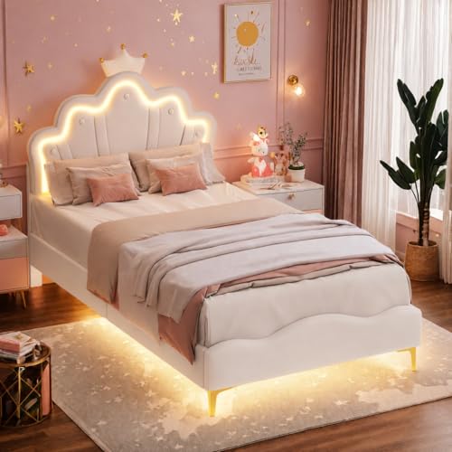 lit 90x190 avec sommier à Lattes, Lit Enfant en Forme de Couronne Princesse, Lit Simple avec LED et tête Lits Réglabe, Cadre Lits en Nuages Blanc PU