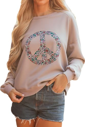KevaMolly Womens Floral Peace Symbol Drop Shoulder Sweatshirt Oversize Crewneck Casual Pullover (Runs Large, Size Down) Goat XL