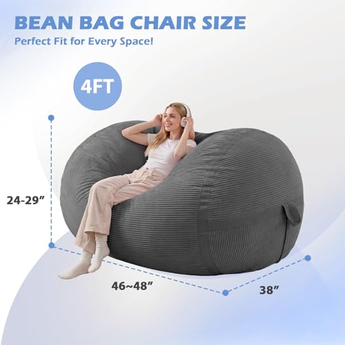 Image of 4FT Bean Bag Chair 4'Big Bean Bag Chairs with Adults, Large Beanbag Chair | Bean bag Lounger with Machine Washable Cover Corduroy Fabric, Comfy Chairs for Living Room Bedroom Dorm, Darkgrey