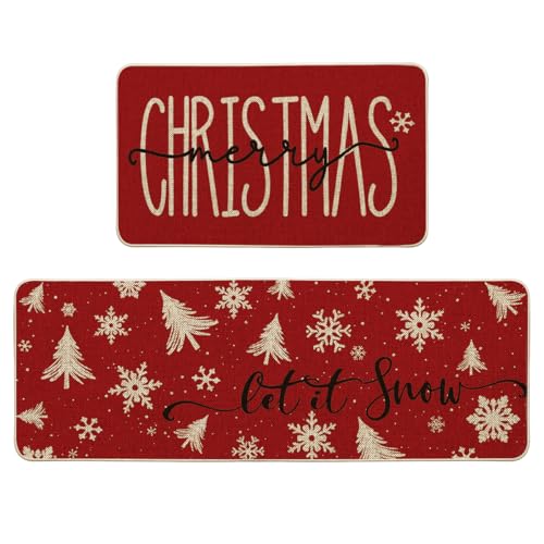 Artoid Mode Xmas Trees Snowflake Let It Snow Merry Christmas Kitchen Mats Set of 2, Winter Decor Low-Profile Kitchen Rugs - 17x29 and 17x47 Inch