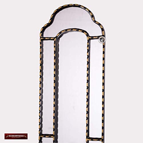 Long Narrow Wall Mirror 35.8" Tall, Antique Gold Narrow Wood Framed Wall Mounted Mirror, Decorative Accent Mirror, Peruvian Hand-Painted Glass #TOP2