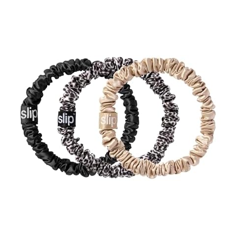 slip Skinny Scrunchies: Elevate Your Hair Game with Anti-Crease, Anti-Breakage Design,Crafted from Slipsilk™, Fierce: 3 Pure Silk Skinny Scrunchies in Black, Caramel & Leopard Cover