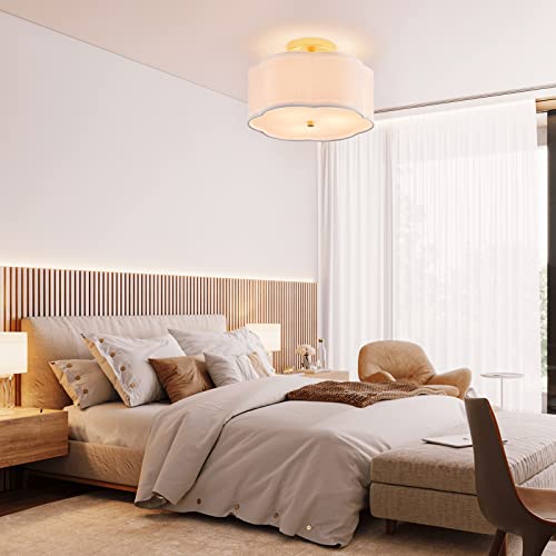 Modern 3-Light Flush Mount Ceiling Light Fixtures,12 Inch Gold Ceiling Lamp With White Fabric Linen Drum Shade，Close To Ceiling Light For Bedroom,Dinning Room,Foyer，Entryway And Kitchen #TOP1
