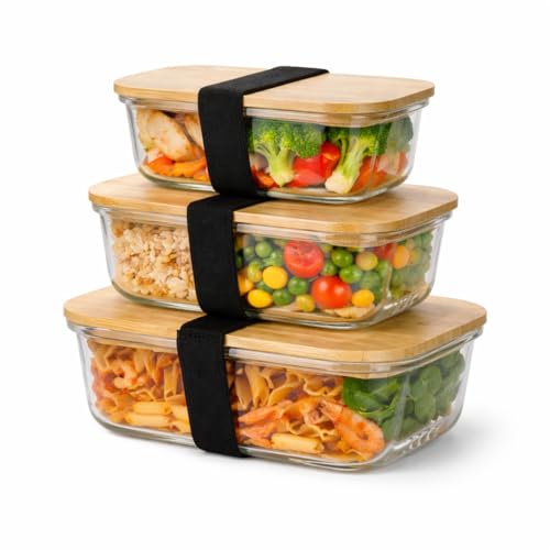 HOUSZY Glass Food Storage Containers with Bamboo Lids – Set of 3 Rectangular Borosilicate Glass Meal Prep Containers – 370ml, 640ml, 1050ml – Airtight, Microwave & Oven Safe
