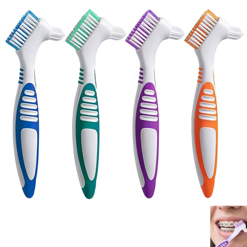 Cepillo para Dentadura Kit de limpieza de dentaduras,postizas Cepillo De Dientes Doble,cepillo ortodoncia,Mango Ergonómico Antideslizante (Naranja, púrpura, azul y verde)