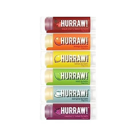 Hurraw! Lip Balms: Staff Favorites, 6 Balm Bundle Pack – Black Cherry Tinted (Sheer Red Tint), Orange, Lemon, Mint, Earl Grey, Raspberry Tinted (Sheer Berry Tint). Organic, vegan & raw ingredients. Cover