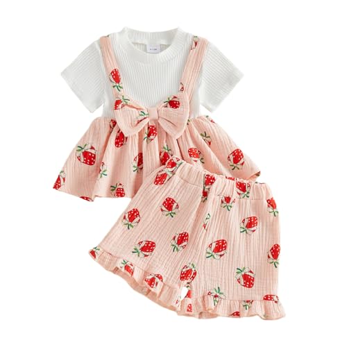 Kavousa - Kavousa Toddler Baby Girl Summer Clothes Cute Cotton Linen Outfits Bow Short Sleeve Shirts Tops + Ruffle Shorts 2 Piece Set (Strawberry Red, 12-18 Months)