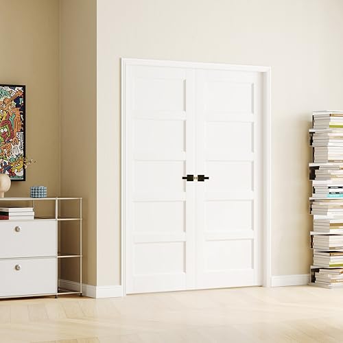 Image of 48 inch x 80 inch French Doors, 5-Panel Interior Door with Black Door Levers, Pantry Door for Bathroom Bedroom Pantry Laundry Closet Door, Easy to Assemble, Need to Bore Holes