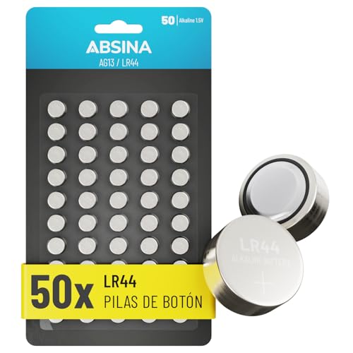 ABSINA 50x AG13 LR44 Pilas de Boton - 1,5V Alcalinas a Prueba de Fugas y de Larga duración - LR1154 / L1154 / L1154F / G13 / G13A / 13GA / 157 / V13GA / PX76A / RW82 - Pilas Boton LR44, Pilas LR44