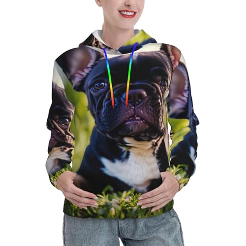 Sweat à capuche carlin noir femme pull ajusté poche kangourou imprimé mignon