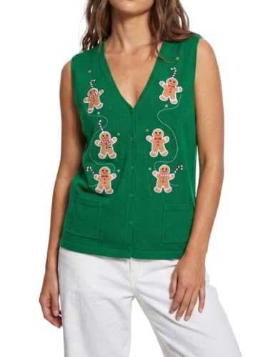 Image of KMBANGI Women Christmas Button Sweater Vest Embroidery Sleeveless Cardigan