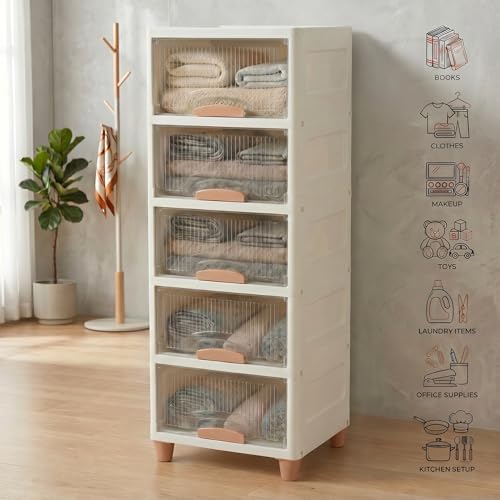 Image of Ash & Roh Multi-Layer Plastic Storage Cabinet with Transparent Flip Door | Space Saving Organizer for Kitchen, Bedroom, Office | Foldable Stackable Storage Unit with Legs | (5-Tier + 5-Tier White Box)