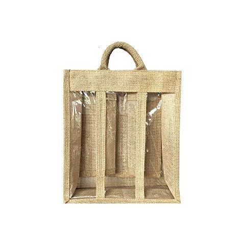 3 Bottle Wine Carrier Bag Jute Burlap with Windows Cover