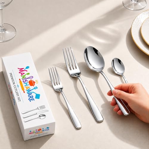 Image of Classic Silver 12 Pcs Stainless Steel Cutlery Set for Dining Table, Dishwasher Safe Glossy Flatware