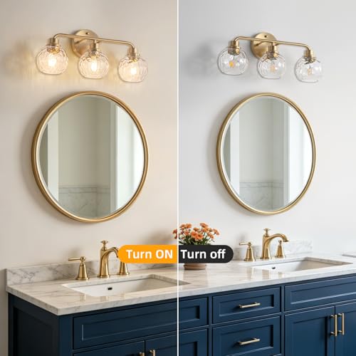 Image of Bathroom Light Fixtures Gold Vanity Light 3 Light Wall Sconces Lighting Brushed Brass Lights with Hammered Globe Glass Shades Bath Wall Lamp for Mirror Living Room Bedroom Hallway