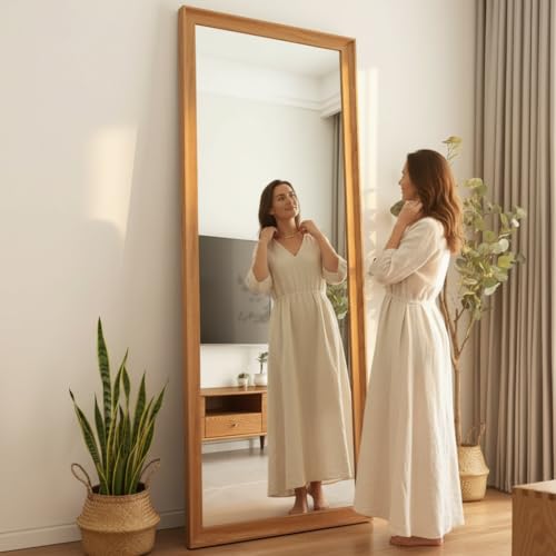 Image of APRODZ Full Length Mirror with Wooden Frame | 65x22 Inch Floor Standing Full Body Mirror | HD Large Dressing Mirror with Stand & Wall Hanging Option for Bedroom, Living Room & Studio