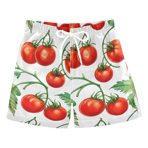 DOMIKING Tomato Branch Leaves White Kids' Swim Trunks with Mesh Lining Boys Swimsuits with Pockets for Kid Boy Toddler Quick Dry XS
