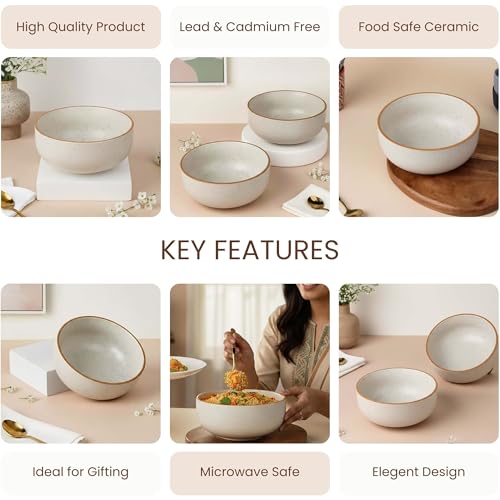 Image of The Earth Store White Matte Large Ceramic Bowl Set of 1, 800 ML | Microwave & Dishwasher Safe Serving Bowl for Mixing | Perfect for Serving Salad, Cereal, Noodle, Pasta | Home & Restaurant Use