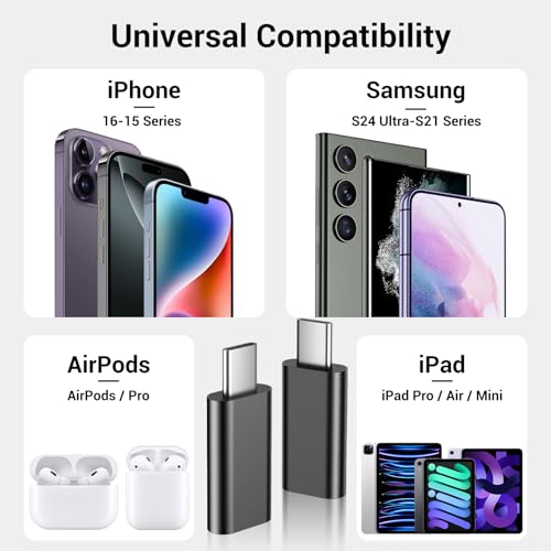 Temdan 4 Pack Lightning to USB C Adapter for iPhone 15/16 Pro/16 Pro Max/Plus,Samsung S24, Serial Adapter,Type C Charger Connector Cable,for iPhone 16/15 Charger,iPhone 16/15 Accessories - Black
