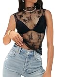 MEROKEETY Women's 2025 Sleeveless Sheer Mesh Lace Crop Tank Top See Through Summer Sexy Y2K Mock Neck Blouses Shirts, Black, X-Large