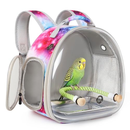 Image of Small Bird Travel Carrier Backpack for Parakeet, Budgies, Cockatiel, Conure, with Clear Windows, Galaxy Print