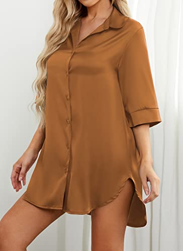 Hocosit Women's Satin Nightgown Short Sleeve Button Down Pajama Dress Lightweight Boyfriend Nightshirt S-Xxl Brown Small #TOP3