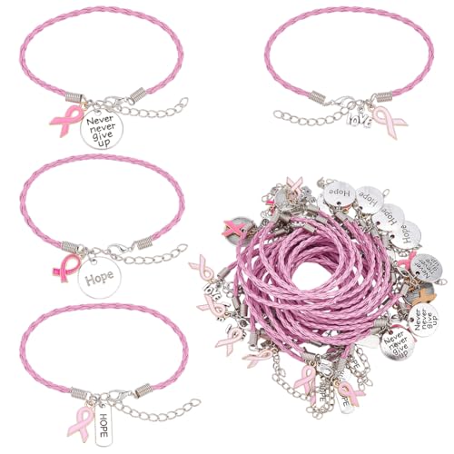 PH PandaHall 24pcs 4 Styles Breast Cancer Awareness Bracelets, PU Leather Braided Cord Bracelet Pink Ribbon Adjustable Inspirational Bracelets Cancer Care Gifts for Women Cancer Fighter Survivor
