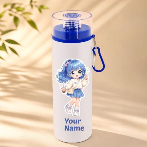 Image of Custom Korean Theme Name Water Bottle 800ml | Aluminium Cute Cartoon Bottle with Carabiner Clip | Gift for Kids, Girls, Birthday Return Gift|Birthday Return Gift