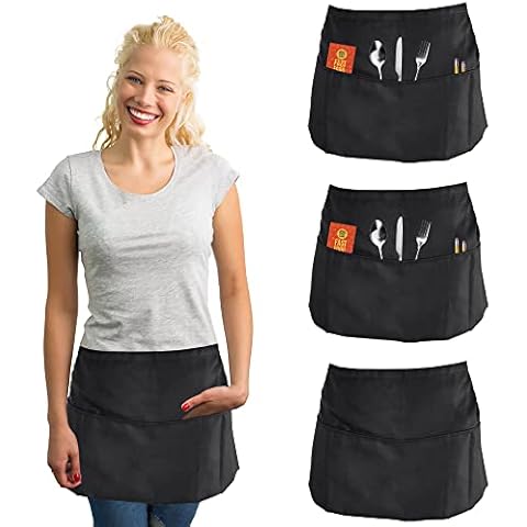 WETARENDA 3 Pack Waist Apron, Black Waitress Apron Bistro Restaurant Gardening Half Apron Waterproof Chef Apron with 3 Pockets and Long Straps for Home Kitchen Chef Waiter Cooking and Baking Cover