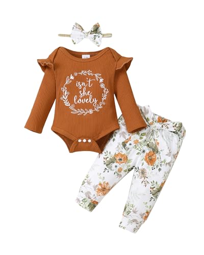 Image of veikimous Newborn Baby Girl Clothes Baby Girl Fall Winter Outfits Mommys Little Girl Ruffle Romper Floral Pants Headband Sets, 6-12 Months