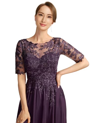 Tea Length Mother of The Bride Dresses for Wedding Sequin Lace Formal Dresss with Sleeves3
