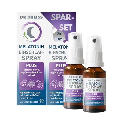 Dr. Theiss Melatonin Einschlaf-Spray PLUS Spar-Set | 0,25mg Melatonin täglich | 2x 20ml | Passionsblumen-, Hopfen- & Baldrianextrakt | Vegan | Johannisbeer-Minzgeschmack