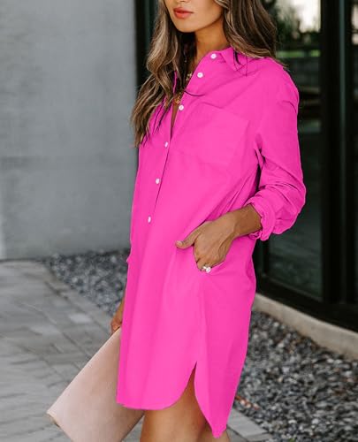 Image of Aoudery Womens Button Down Shirt Dresses with Pockets Cotton Button Up Tunics Long Sleeve Solid High Low Blouse Tops