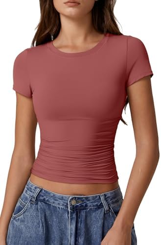 QINSEN Short Sleeve Shirts for Women Round Neck Basic Double Line...