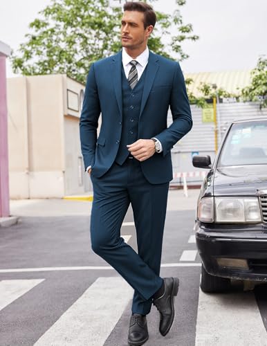 COOFANDY Men's Suits Classic Fit 3 Piece Single Breasted Tuxedo Suit Set Formal Business Wedding Party Suit Separates Blue3