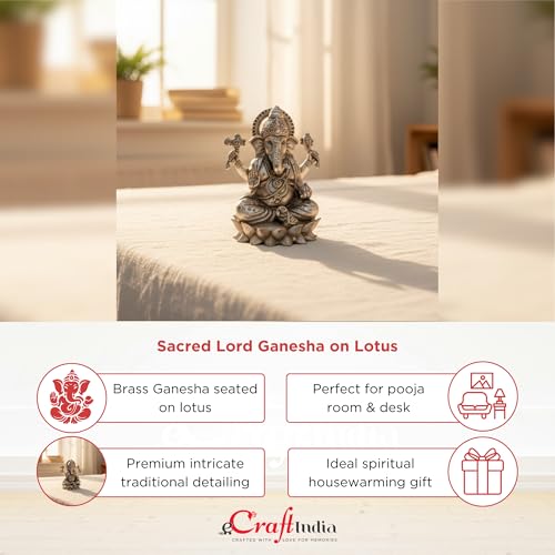 Image of eCraftIndia Golden Brass Blessing Lord Ganesha Idol Sitting on Lotus Flower | Decorative Ganpati Murti for Home Decor, Pooja Room & Gift