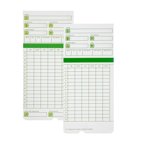 Image of Time Cards for Employees Monthly,Numbered Days,All Pay Periods, 50 Count,2-Sided, 3 3 /8 inch x 7 3 /8 inch,Green Print,Timecards for Time Clocks